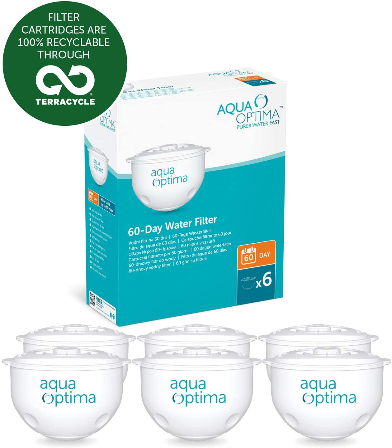 Jarra de filtro de agua Oria con 3x cartuchos de filtro de agua de 60 días Paquete de 6 meses Aqua Optima